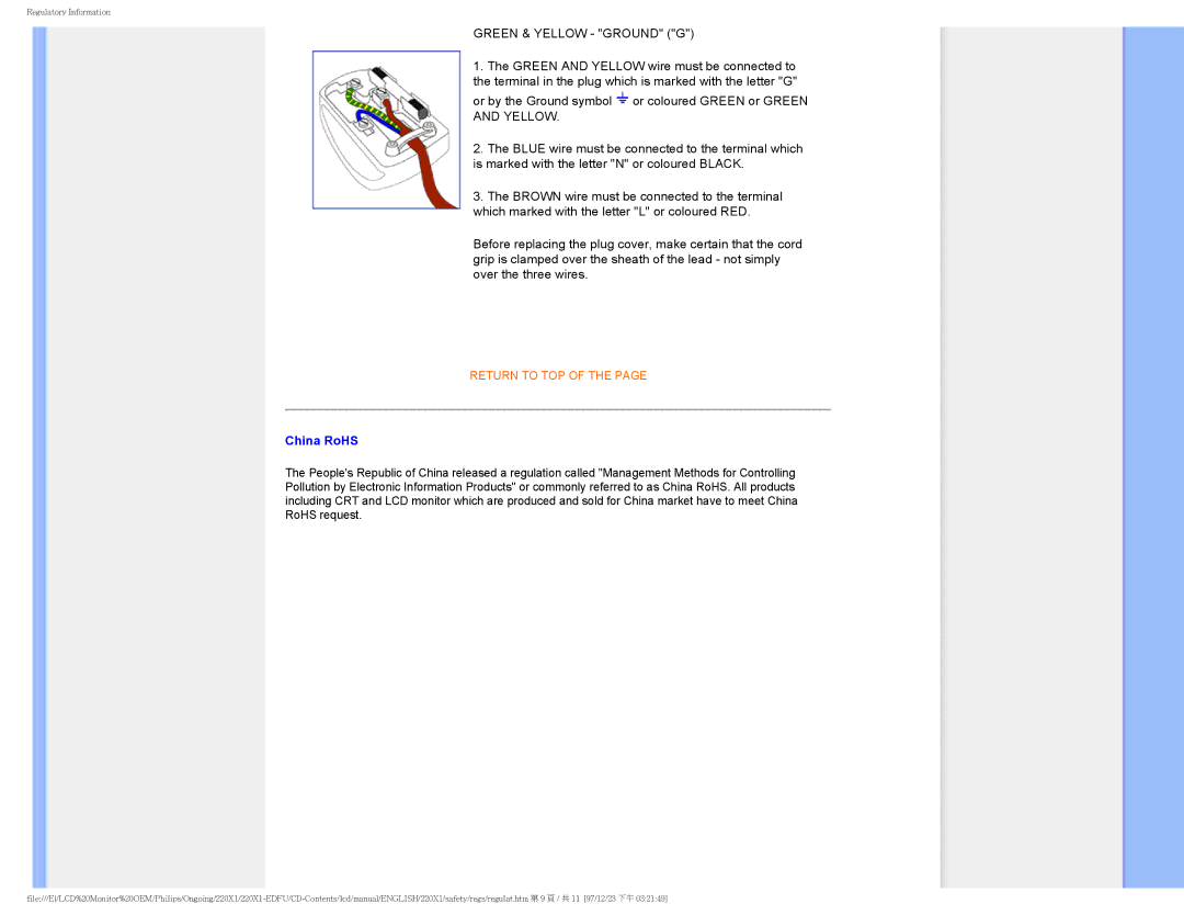 Philips 220XI user manual Green & Yellow Ground G, China RoHS 