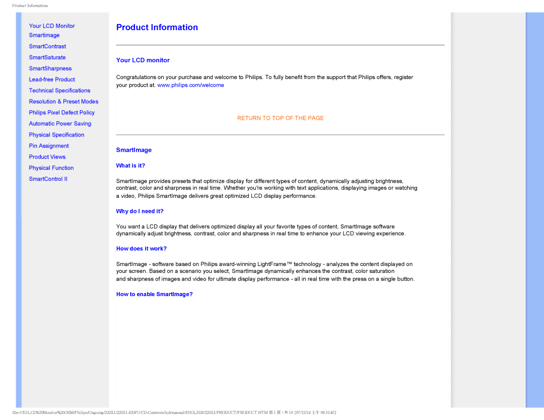 Philips 220XI user manual Your LCD monitor, SmartImage 