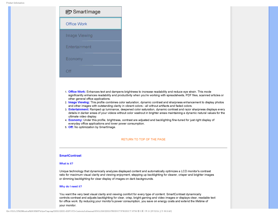 Philips 220XI user manual SmartContrast 