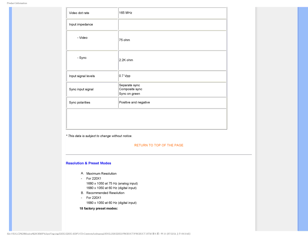 Philips 220XI user manual Resolution & Preset Modes, Factory preset modes 