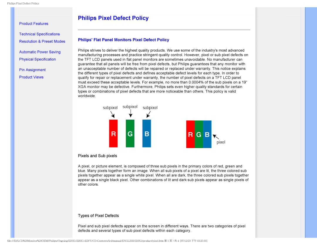 Philips 220XI user manual Philips Pixel Defect Policy, Philips Flat Panel Monitors Pixel Defect Policy 