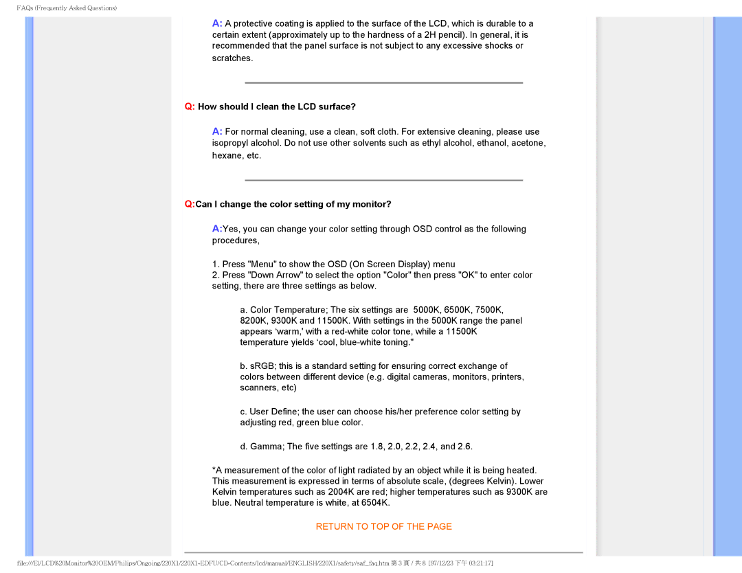 Philips 220XI user manual How should I clean the LCD surface? 