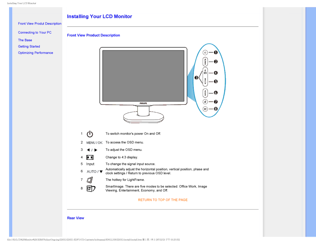 Philips 220XI user manual Front View Product Description, Rear View 