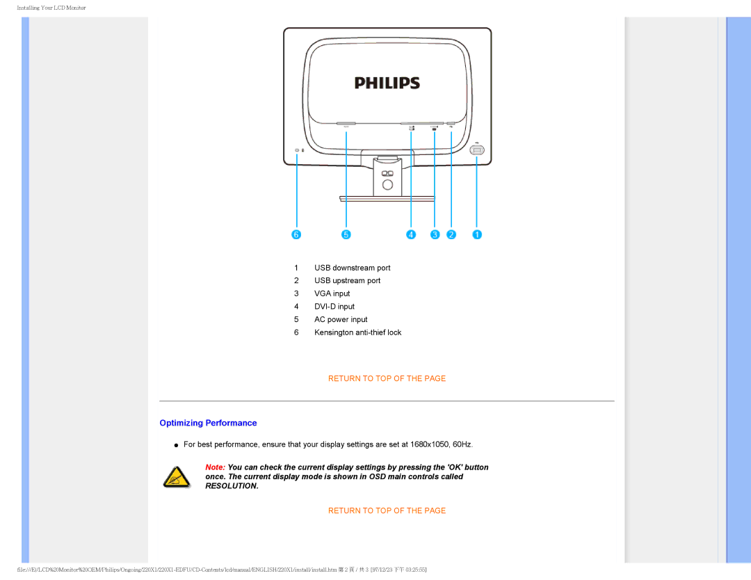 Philips 220XI user manual Optimizing Performance, Resolution 