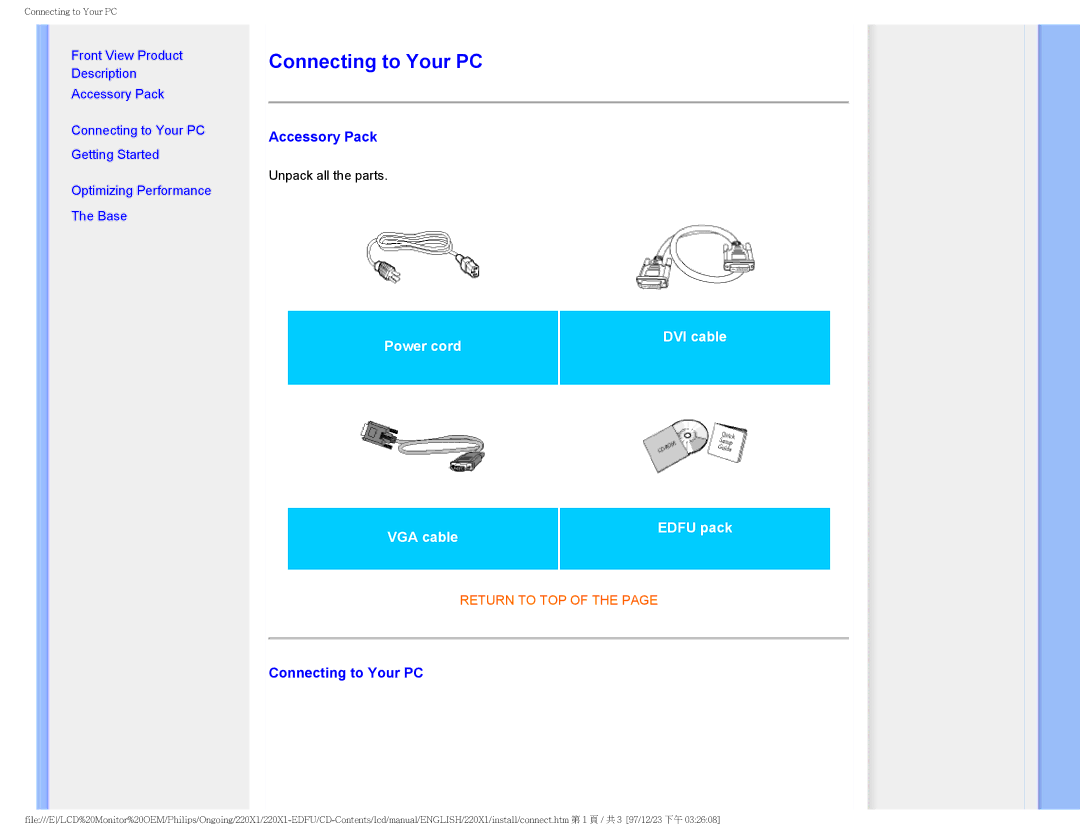 Philips 220XI user manual Connecting to Your PC, Accessory Pack 