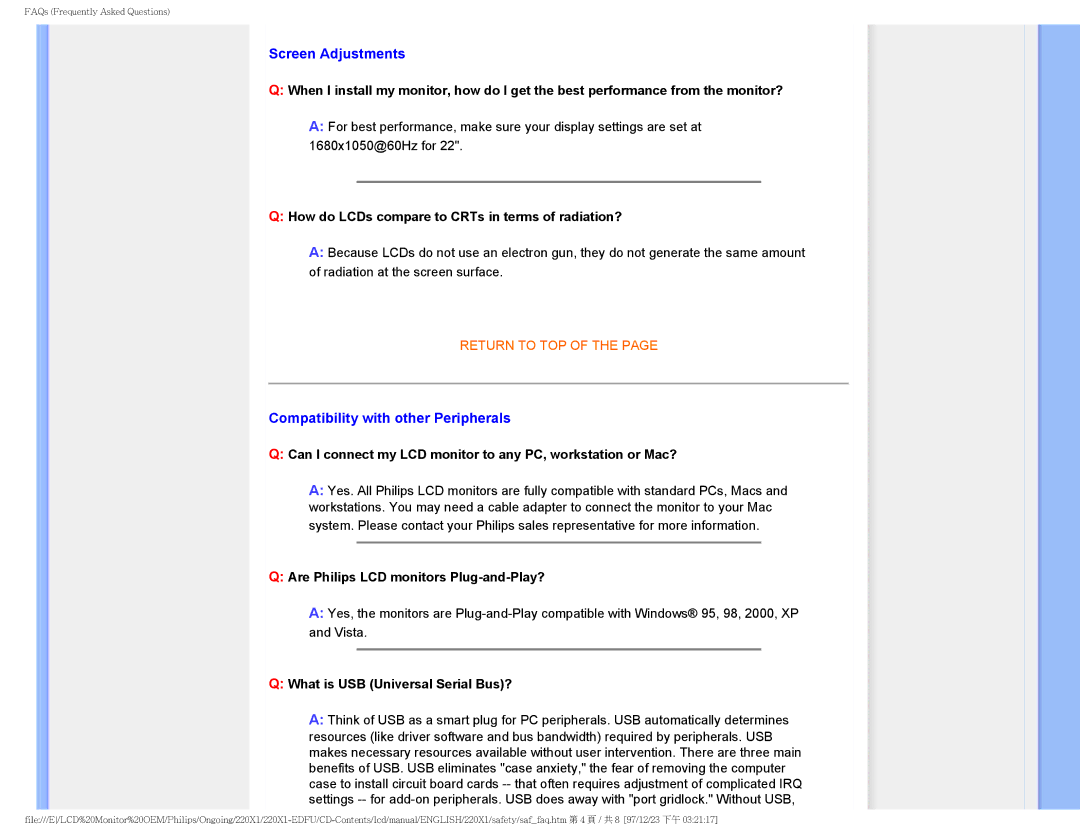 Philips 220XI user manual Screen Adjustments, Compatibility with other Peripherals 