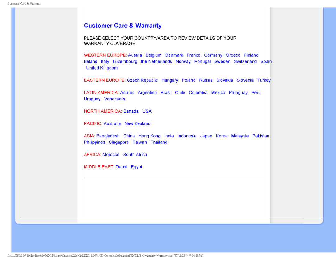 Philips 220XI user manual Customer Care & Warranty, North America Canada USA 