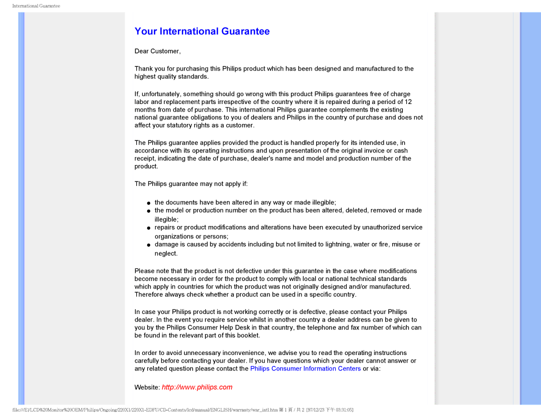 Philips 220XI user manual Your International Guarantee 