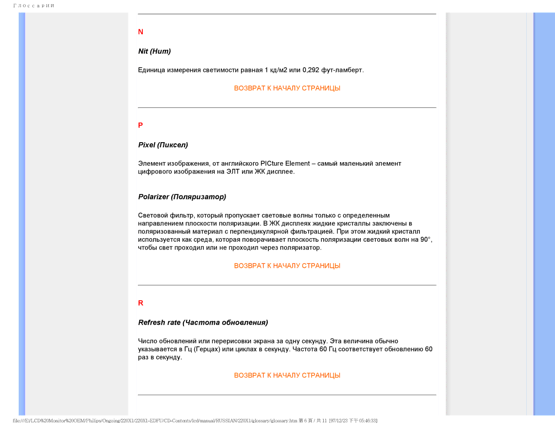 Philips 220XI user manual Nit Нит, Pixel Пиксел, Polarizer Поляризатор, Refresh rate Частота обновления 