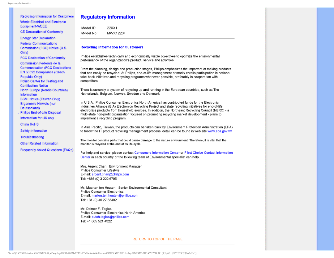 Philips 220XI user manual Regulatory Information, Recycling Information for Customers 