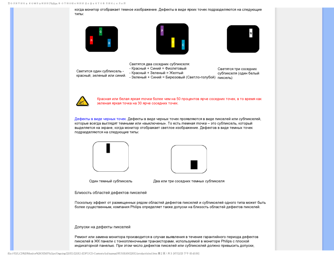 Philips 220XI user manual Светятся три соседних субпикселя один белый пиксель 