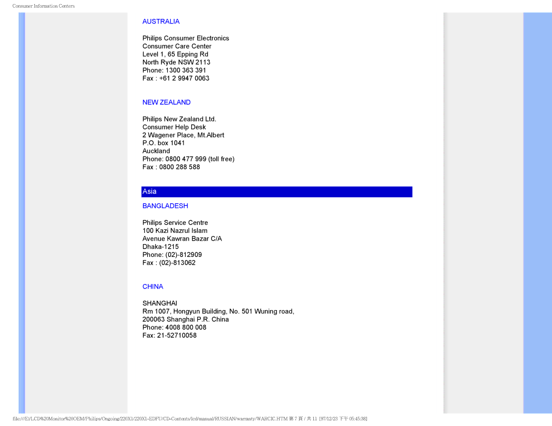 Philips 220XI user manual Australia, NEW Zealand, Bangladesh, China 