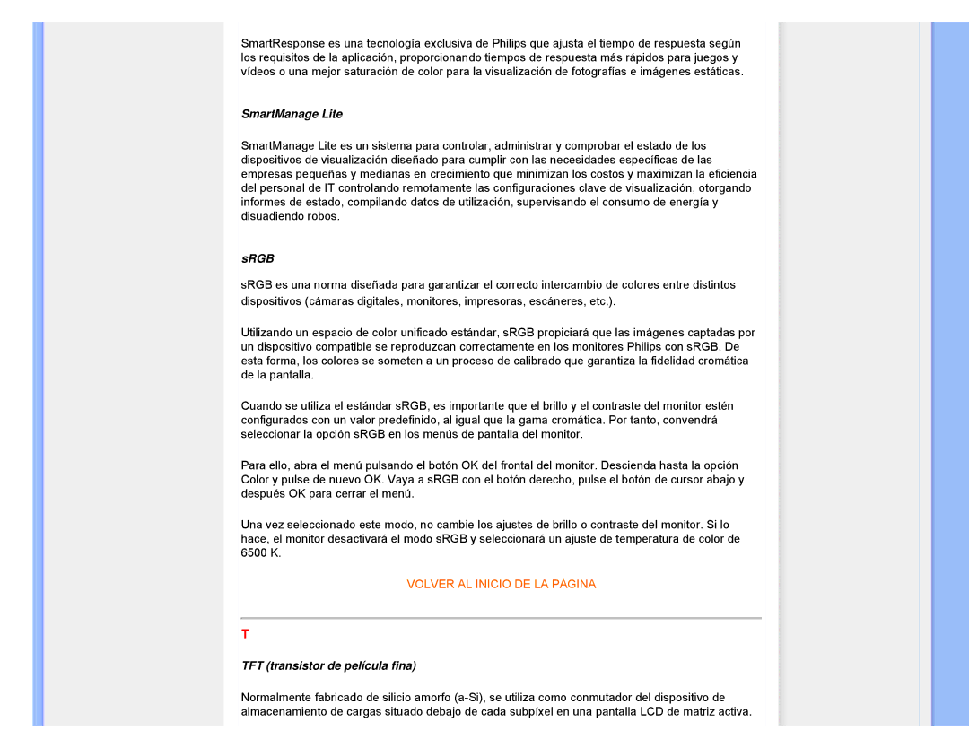 Philips 220XW user manual SmartManage Lite, Srgb, TFT transistor de película fina 