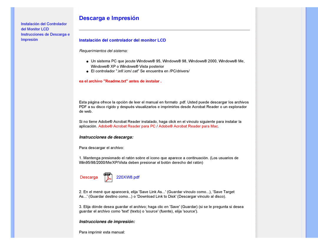 Philips 220XW user manual Descarga e Impresión, Instalación del controlador del monitor LCD 