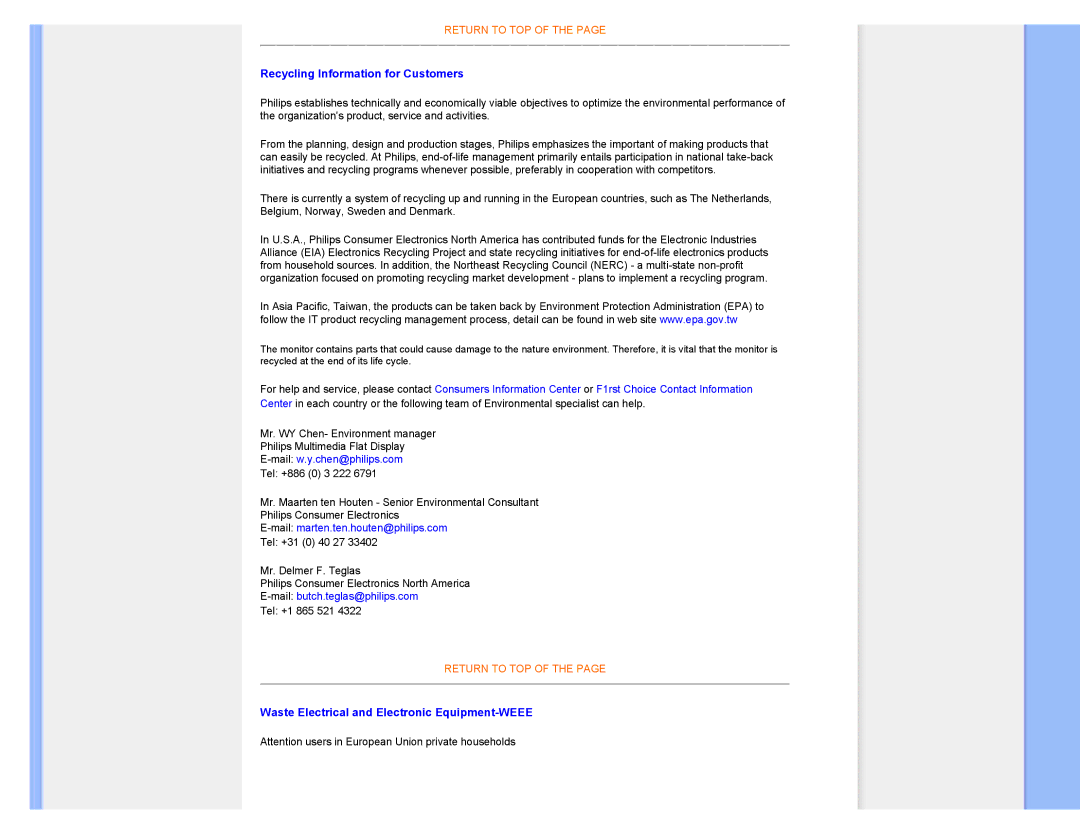 Philips 220XW user manual Recycling Information for Customers, Waste Electrical and Electronic Equipment-WEEE 