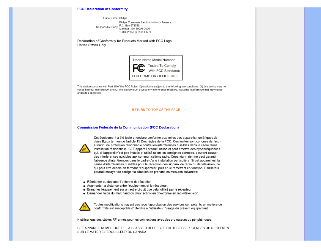 Philips 220XW user manual FCC Declaration of Conformity, Commission Federale de la Communication FCC Declaration 