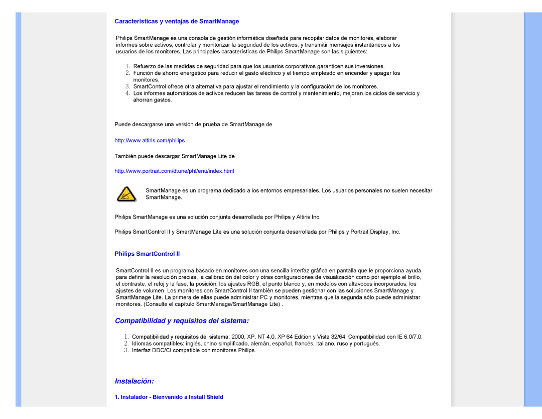 Philips 220XW user manual Características y ventajas de SmartManage, Instalador Bienvenido a Install Shield 