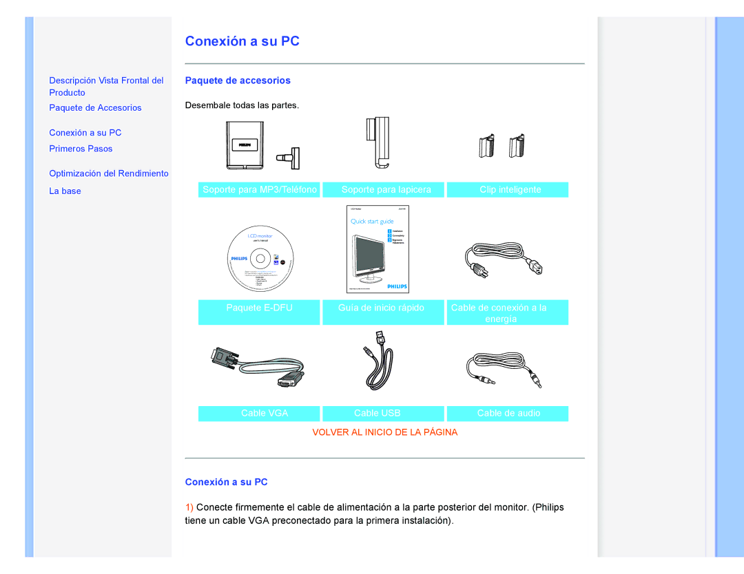 Philips 220XW user manual Conexión a su PC, Paquete de accesorios 