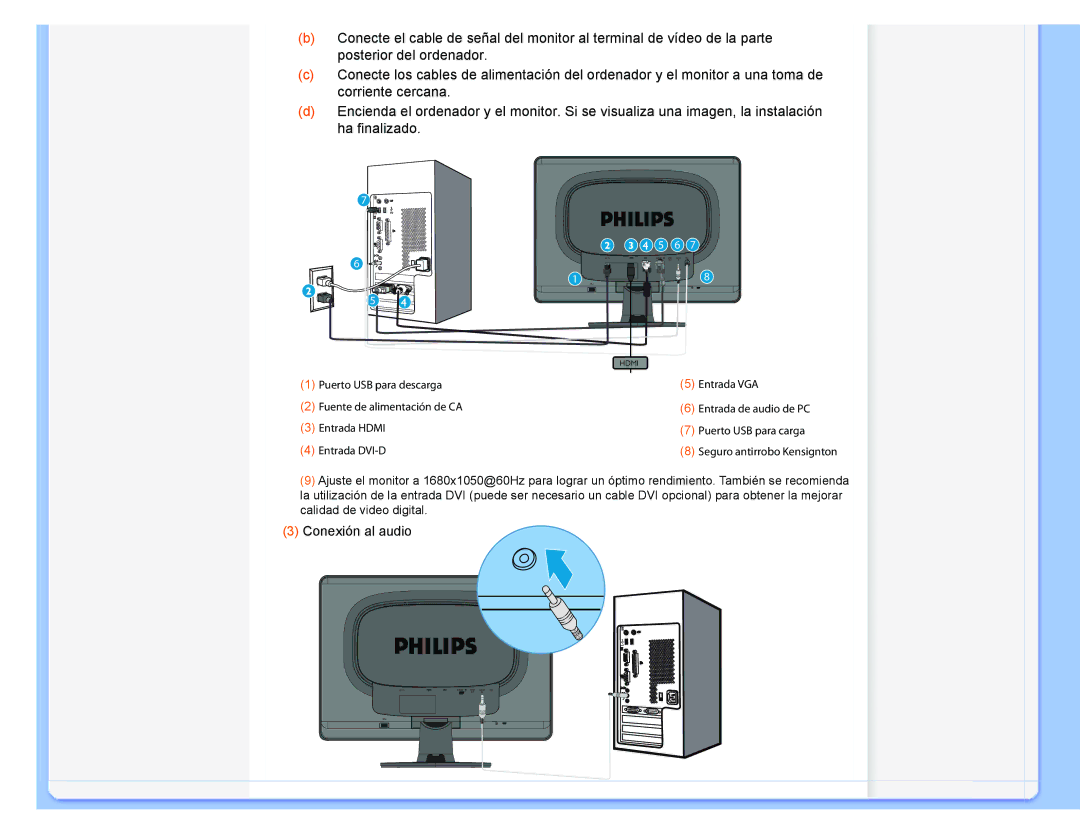 Philips 220XW user manual Conexión al audio 