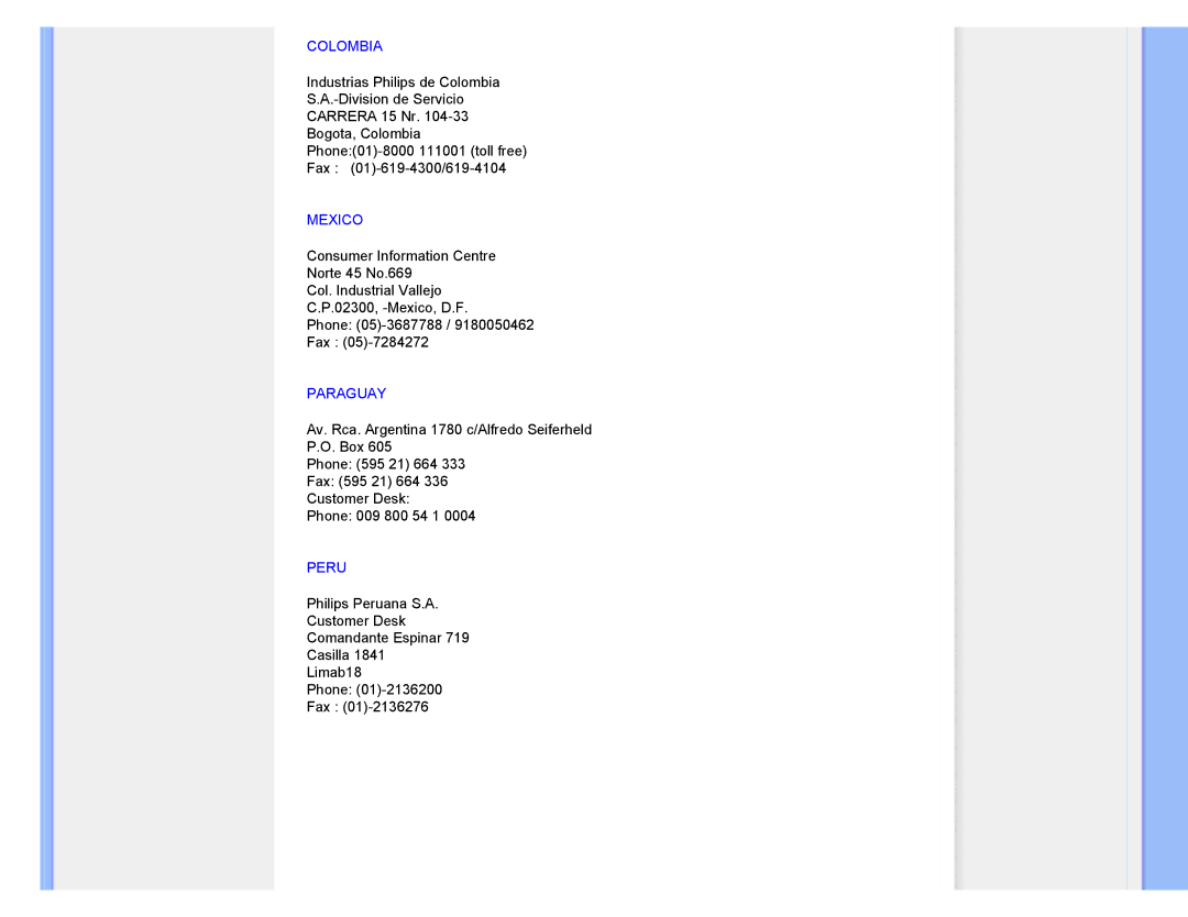 Philips 220XW user manual Colombia, Mexico, Paraguay, Peru 