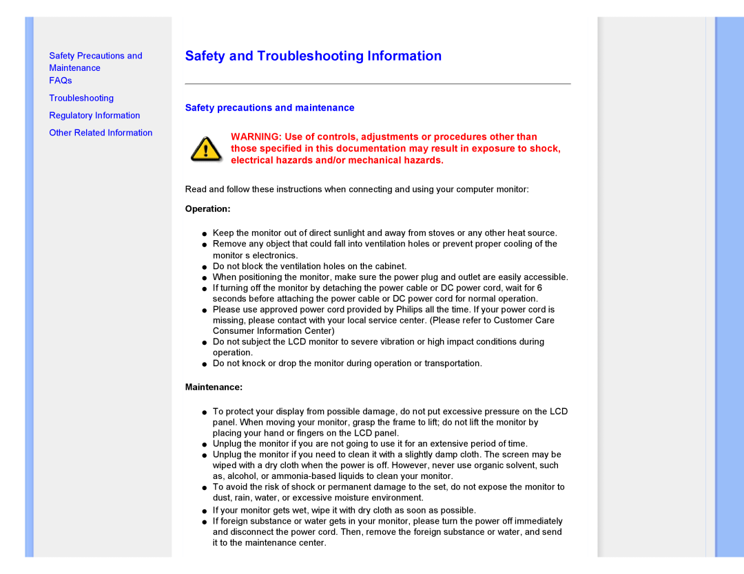 Philips 220XW8 Safety and Troubleshooting Information, Safety precautions and maintenance, Operation, Maintenance 
