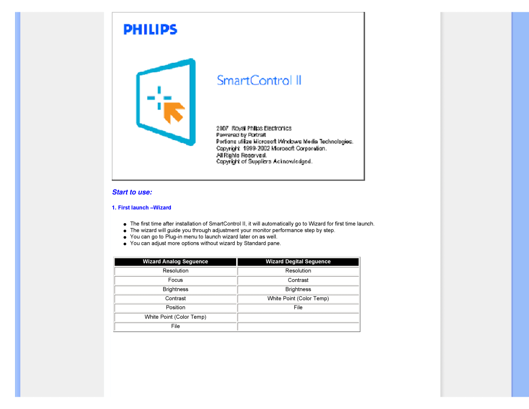 Philips 220XW8 user manual Start to use, First launch -Wizard 