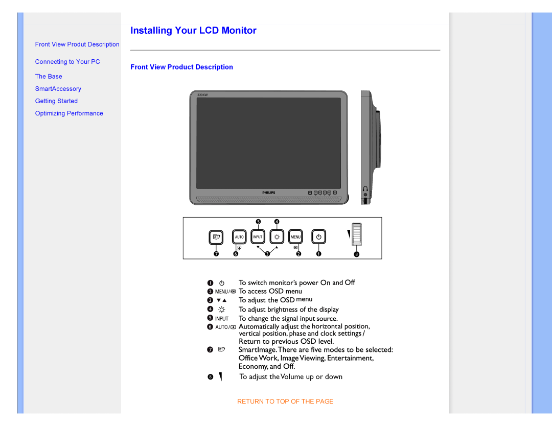 Philips 220XW8 user manual Installing Your LCD Monitor, Front View Product Description, To adjust the Volume up or down 