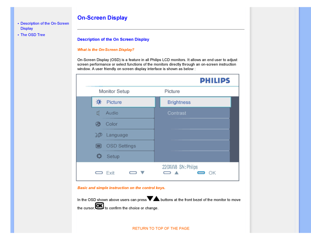 Philips 220XW8 user manual Description of the On Screen Display, Description of the On-Screen Display The OSD Tree 