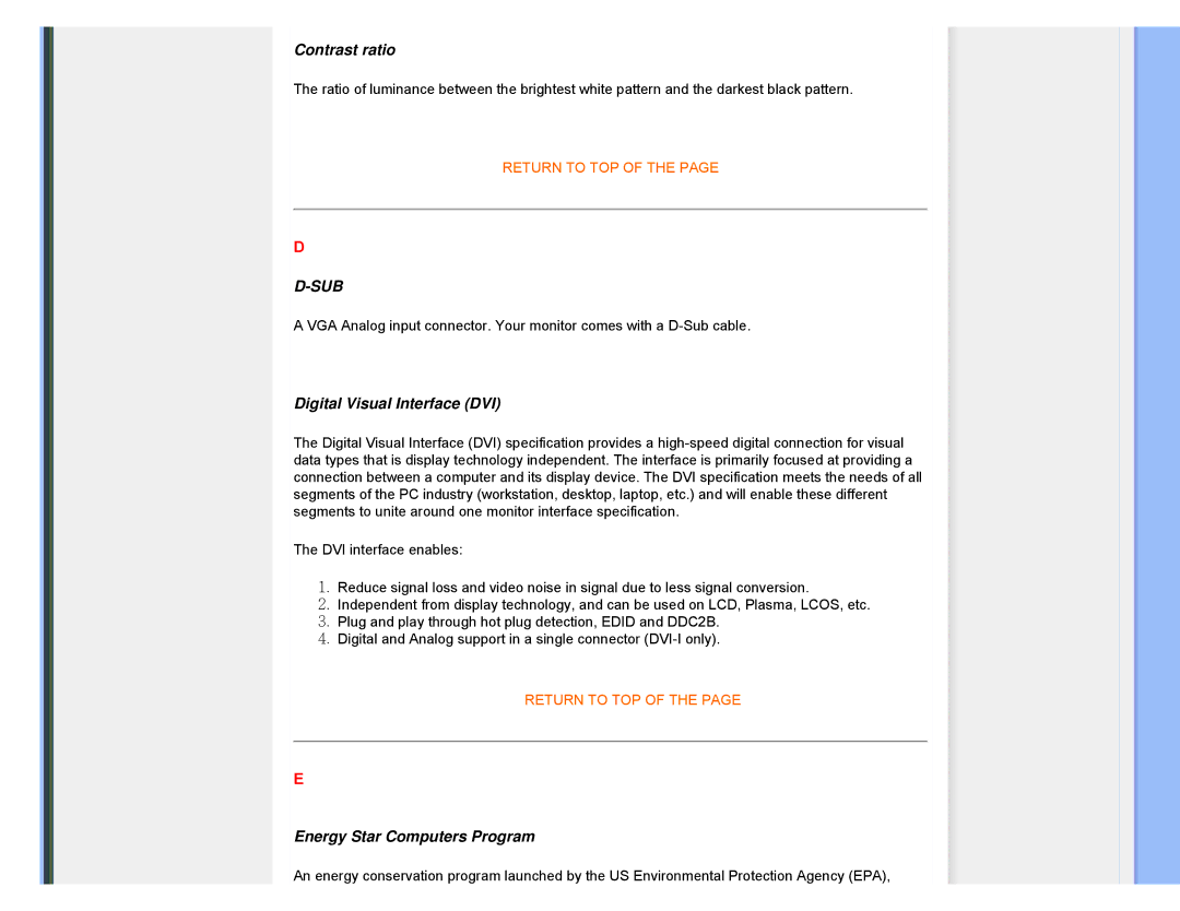 Philips 220XW8 user manual Contrast ratio, Digital Visual Interface DVI, Energy Star Computers Program 