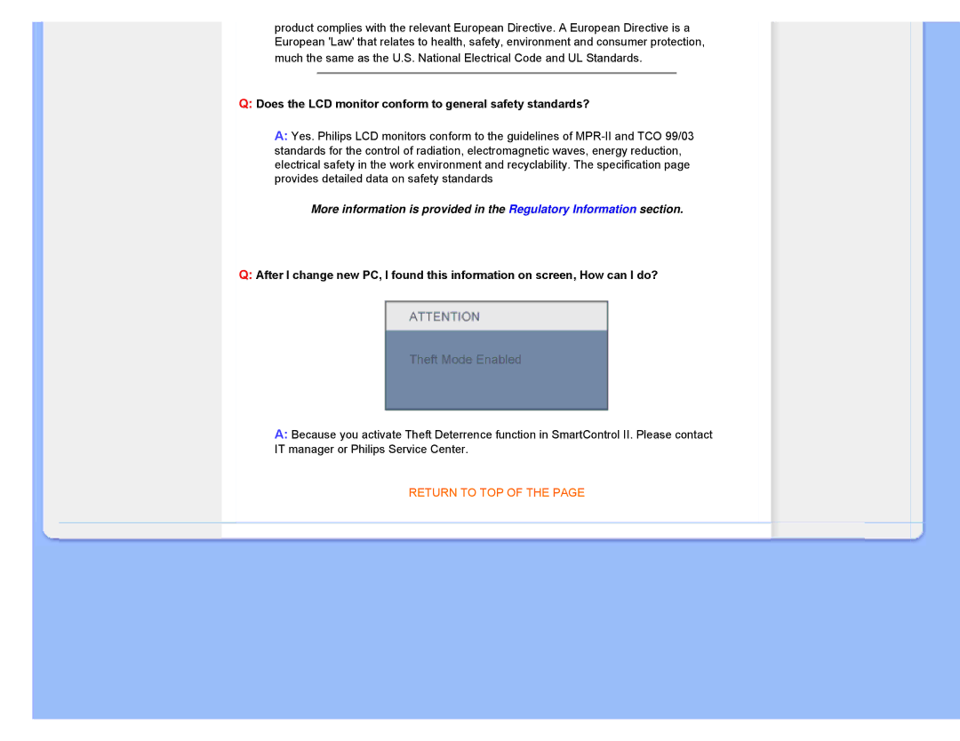 Philips 220XW8 user manual Does the LCD monitor conform to general safety standards? 