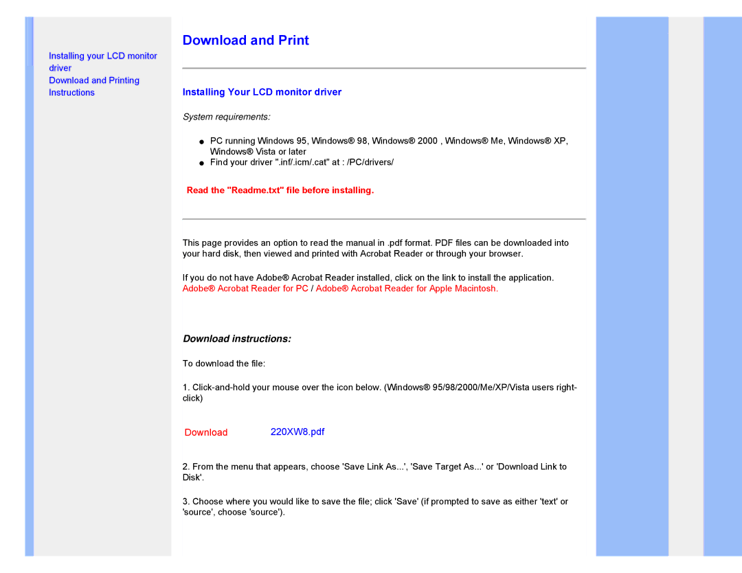 Philips 220XW8 user manual Download and Print, Installing Your LCD monitor driver, Download instructions 