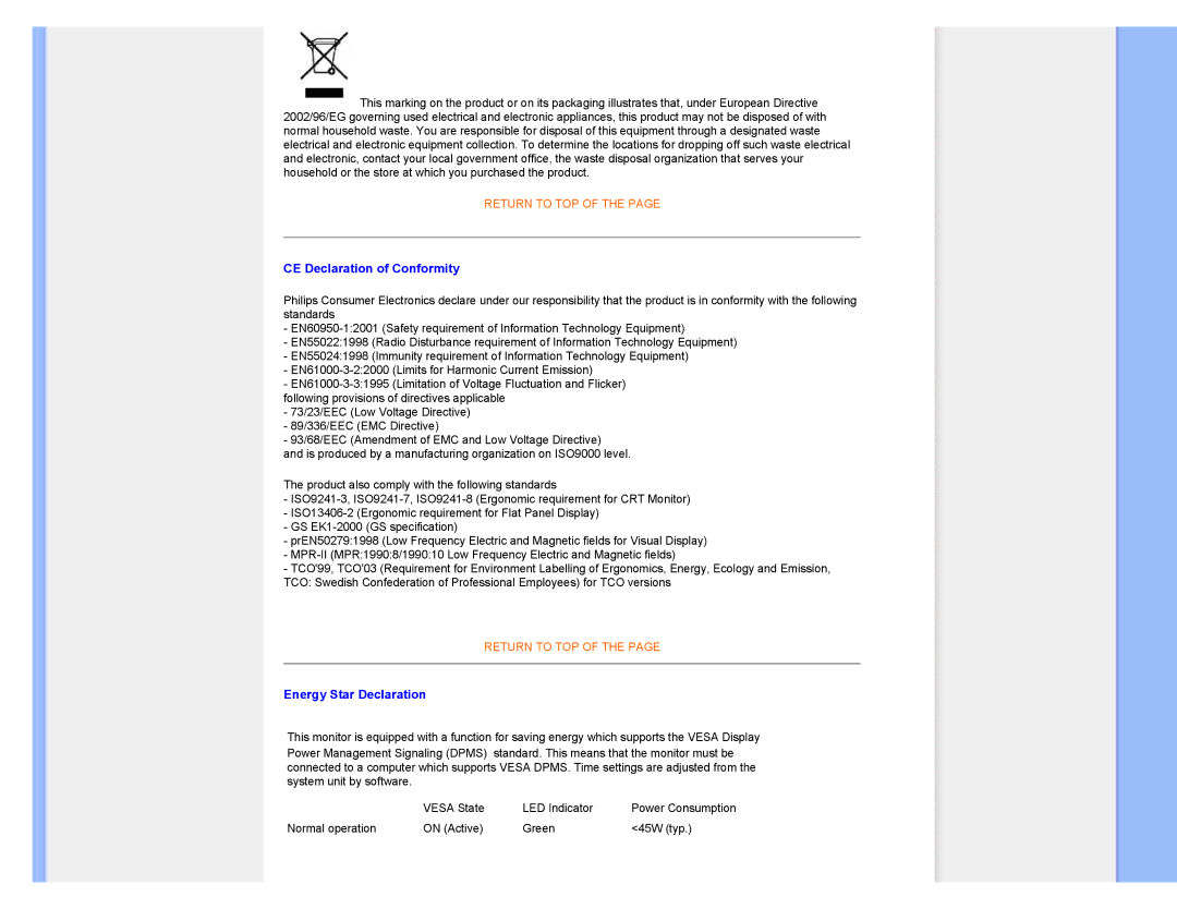 Philips 220XW8 user manual CE Declaration of Conformity, Energy Star Declaration 