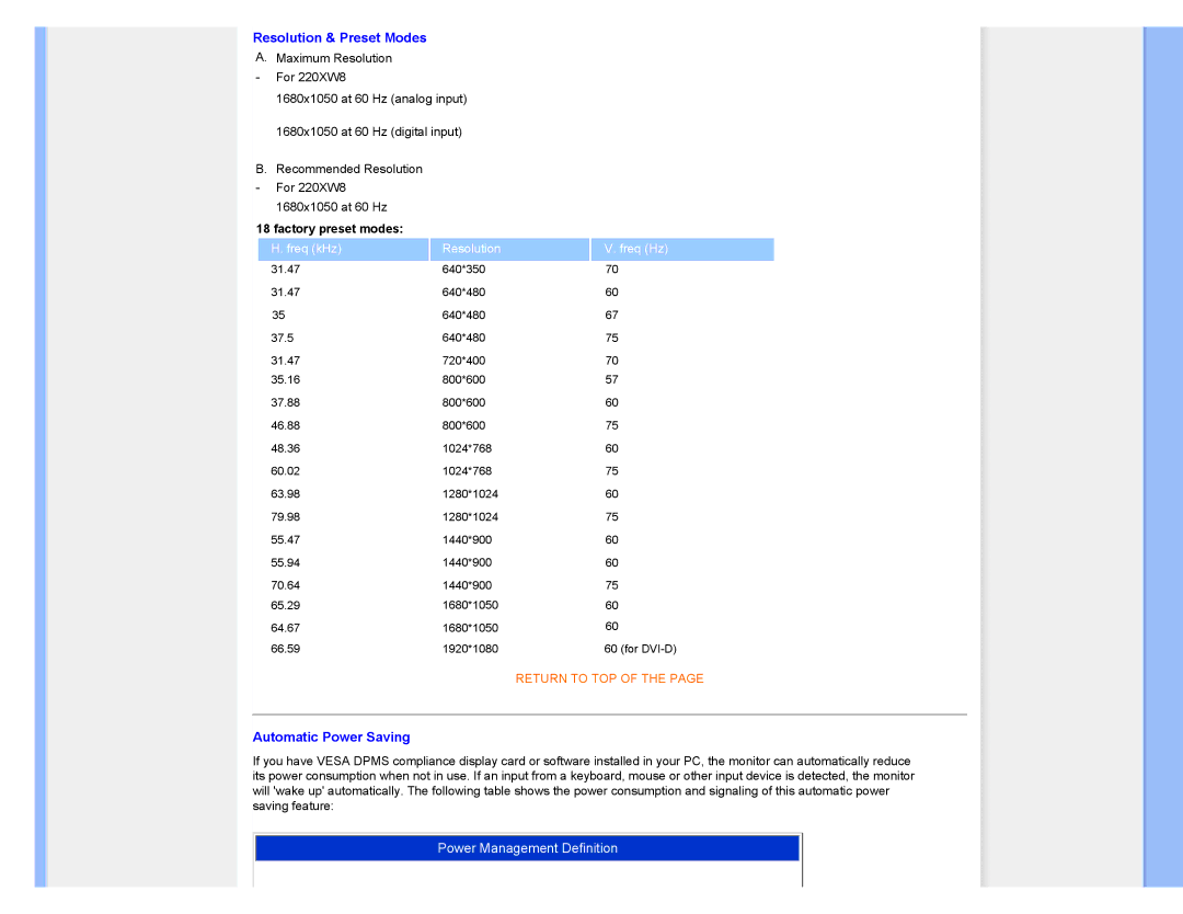 Philips 220XW8 user manual Resolution & Preset Modes 