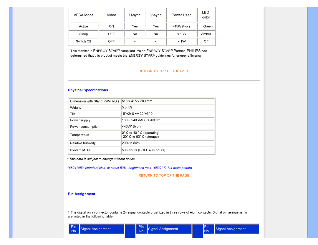 Philips 220XW8 user manual Physical Specifications 