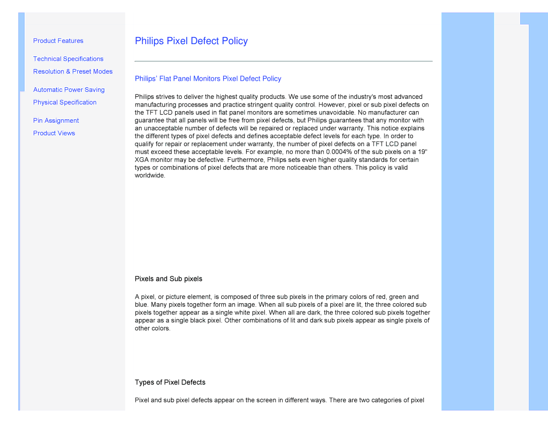 Philips 220XW8 user manual Philips Pixel Defect Policy, Philips Flat Panel Monitors Pixel Defect Policy 