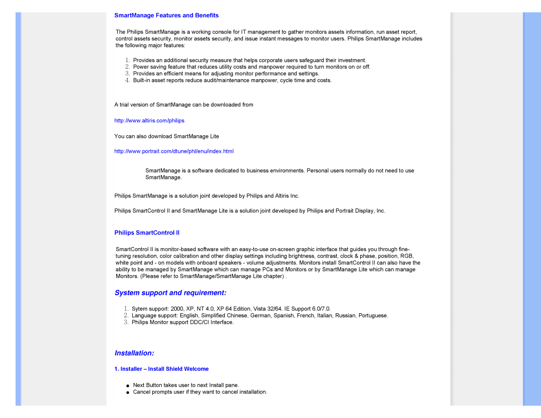 Philips 220XW8 user manual SmartManage Features and Benefits, Installer Install Shield Welcome 