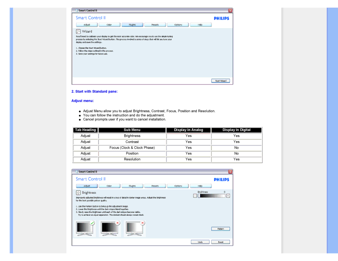 Philips 220XW8 user manual Start with Standard pane Adjust menu, Display in Digital 