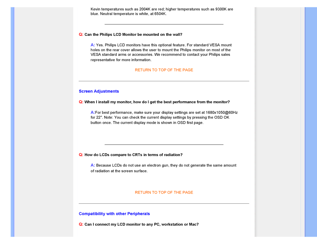 Philips 220XW8 user manual Screen Adjustments, Compatibility with other Peripherals 