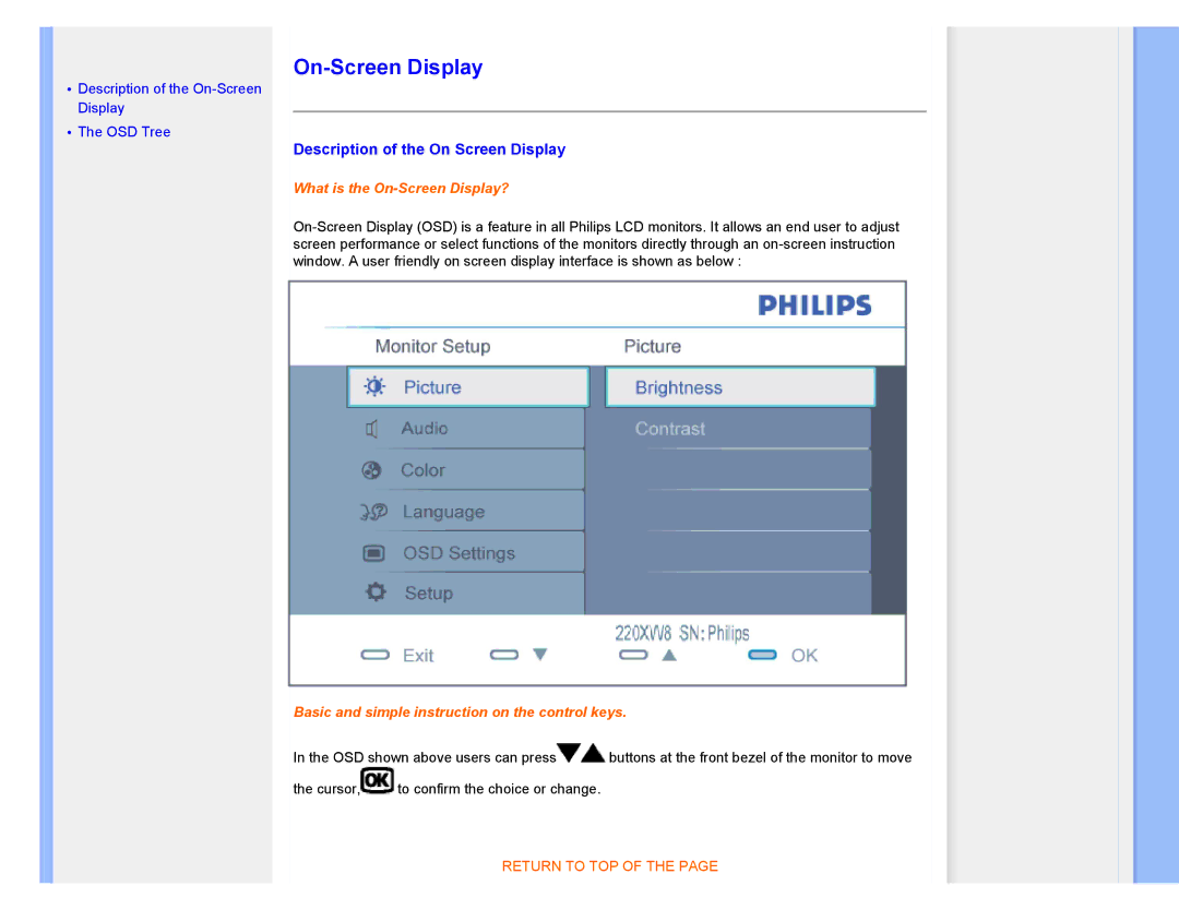 Philips 220XW8 user manual On-Screen Display, Description of the On Screen Display 