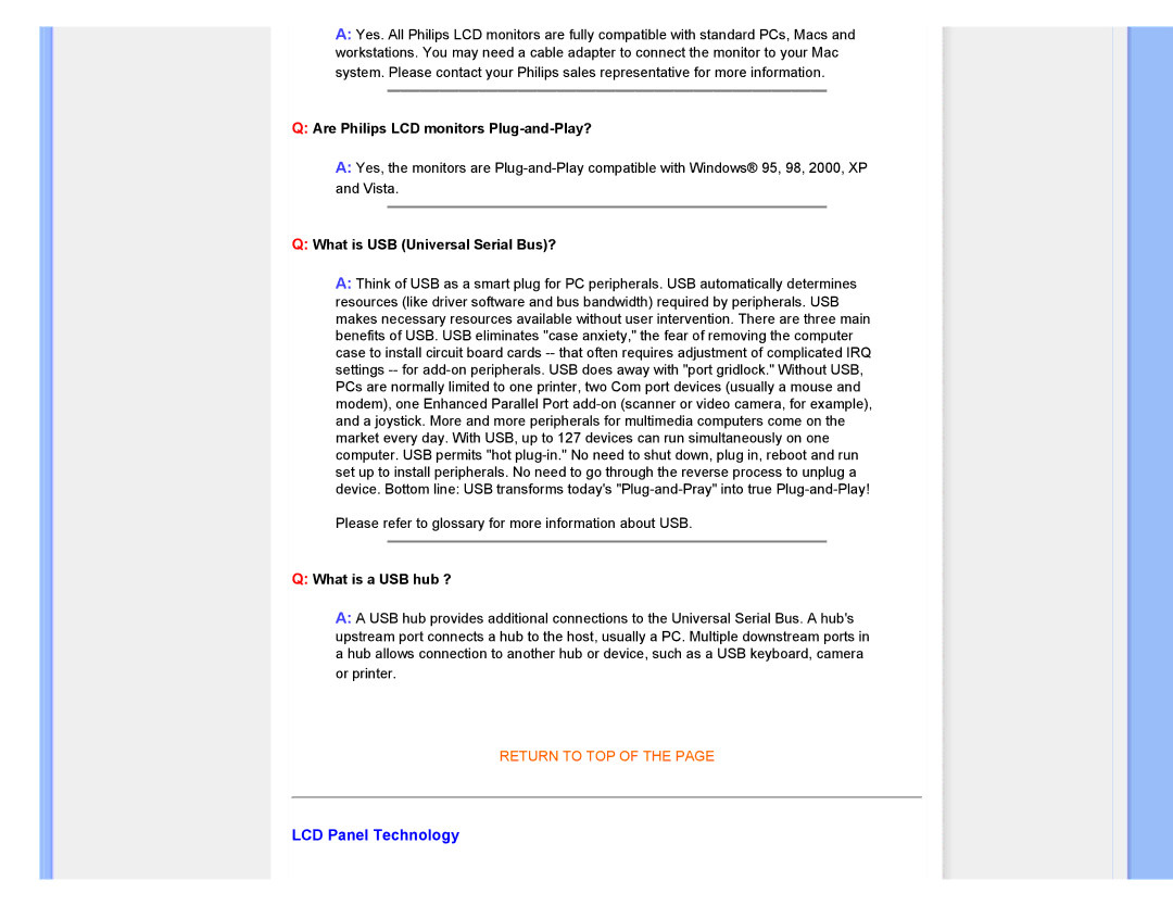 Philips 220XW8 user manual LCD Panel Technology, Are Philips LCD monitors Plug-and-Play?, What is USB Universal Serial Bus? 