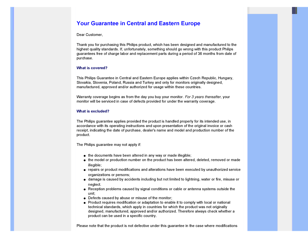 Philips 220XW8 user manual Your Guarantee in Central and Eastern Europe 
