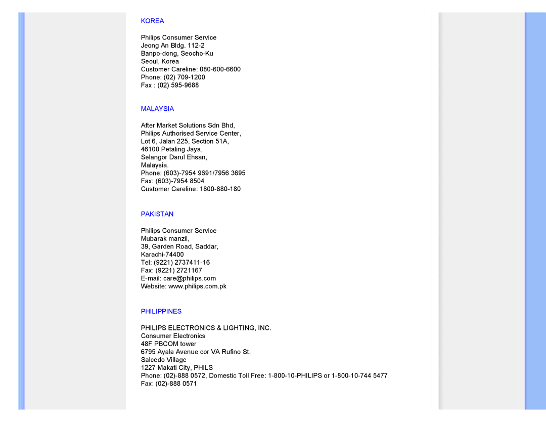 Philips 220XW8 user manual Korea, Malaysia, Pakistan, Philippines 