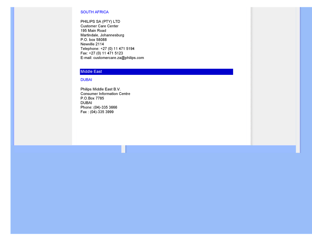 Philips 220XW8 user manual South Africa, Dubai 