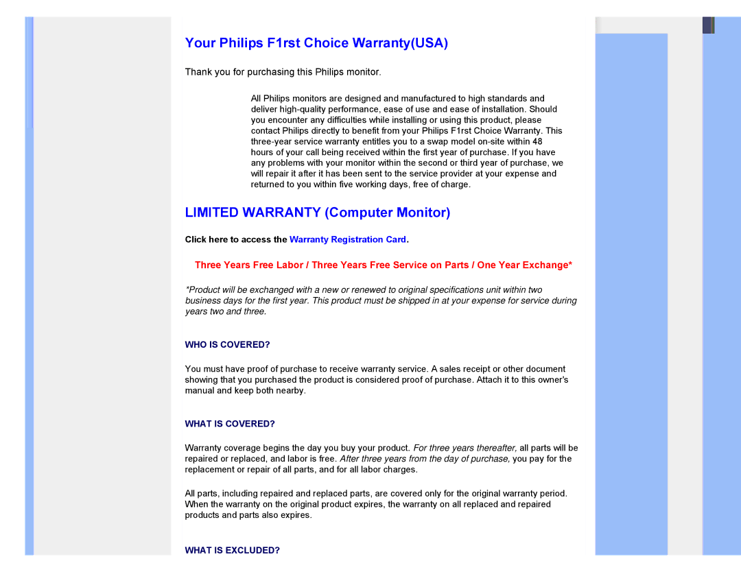 Philips 220XW8 user manual Your Philips F1rst Choice WarrantyUSA, Limited Warranty Computer Monitor 
