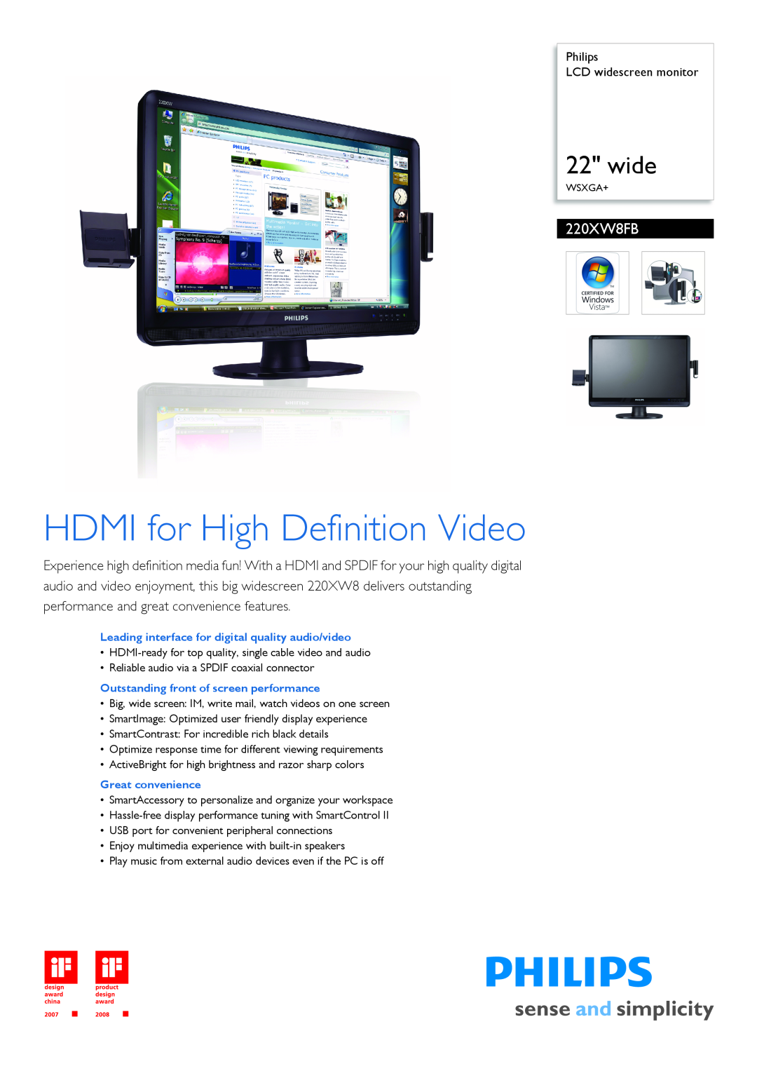 Philips 220XW8FB/00 manual Philips LCD widescreen monitor, HDMI for High Definition Video 
