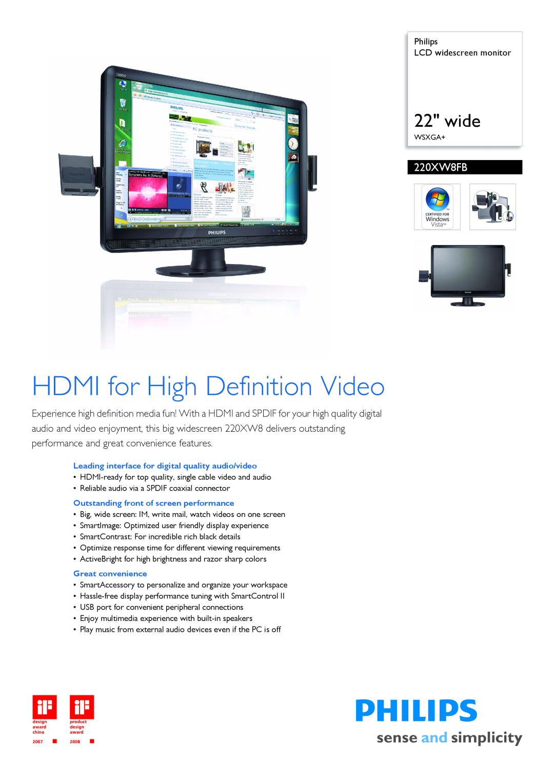 Philips 220XW8FB/05 manual Philips LCD widescreen monitor, HDMI for High Definition Video 