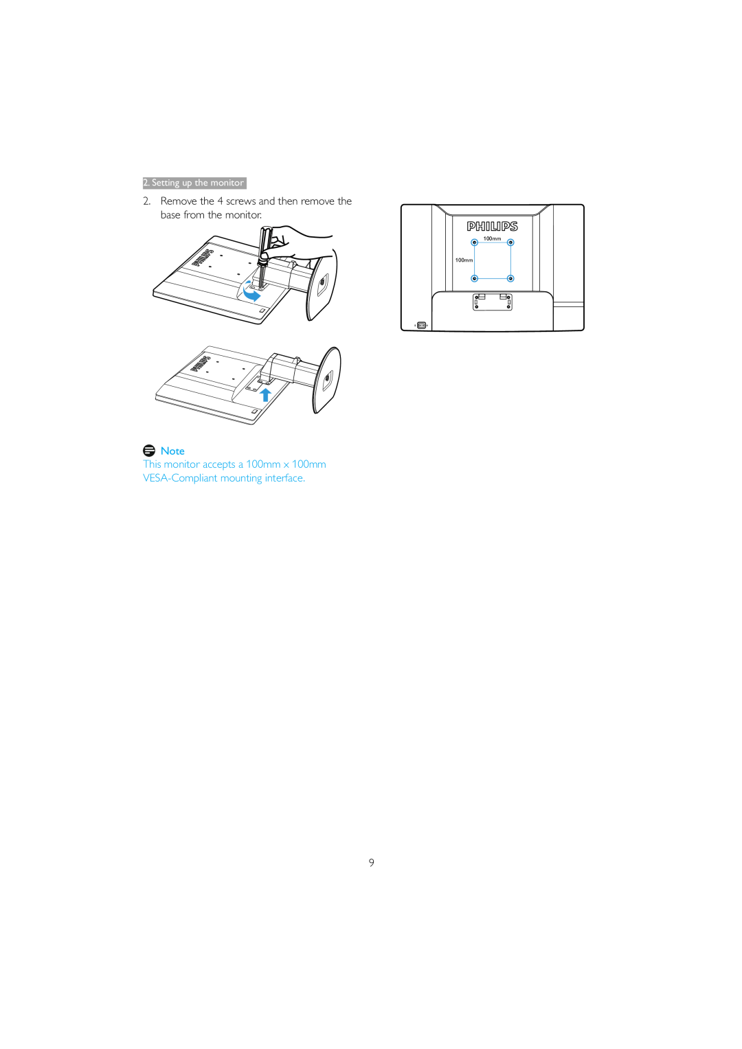 Philips 221B3 user manual This monitor accepts a 100mm x 100mm, VESA-Compliant mounting interface, 100mm 100mm 