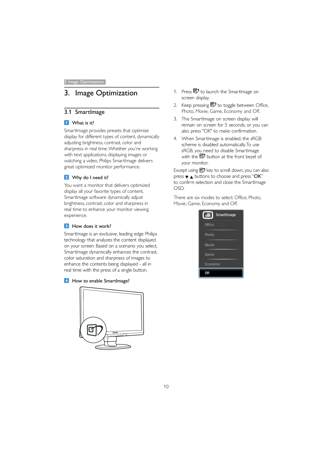 Philips 221B3 user manual Image Optimization, SmartImage 