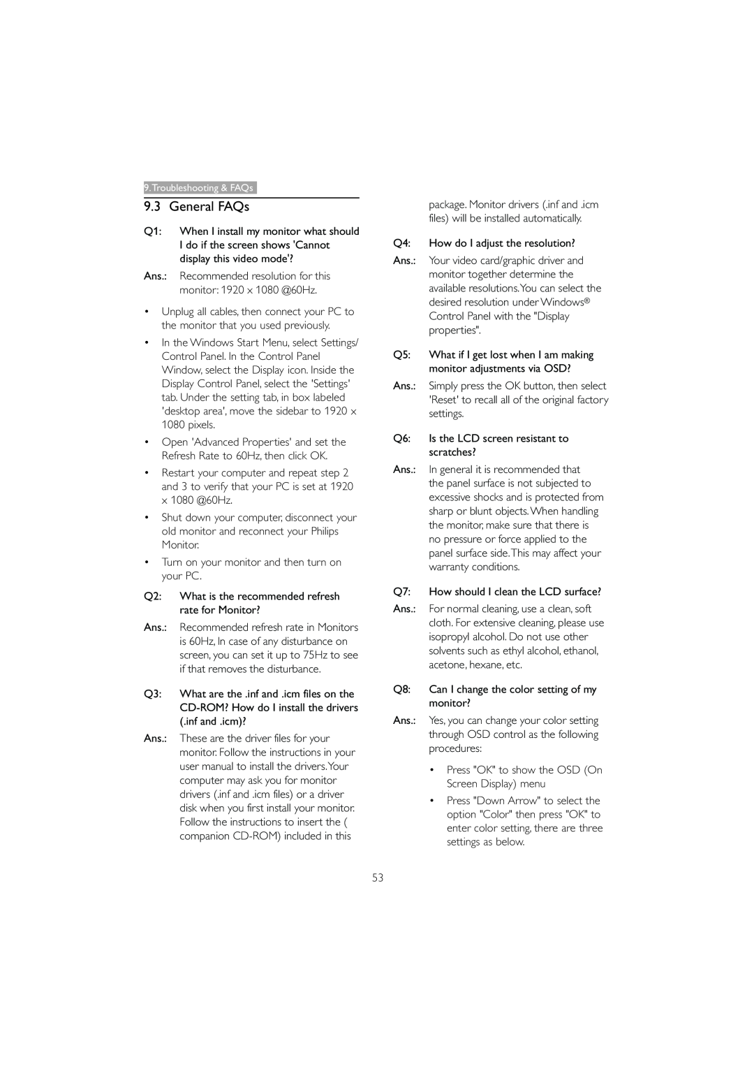 Philips 221B3 user manual General FAQs 