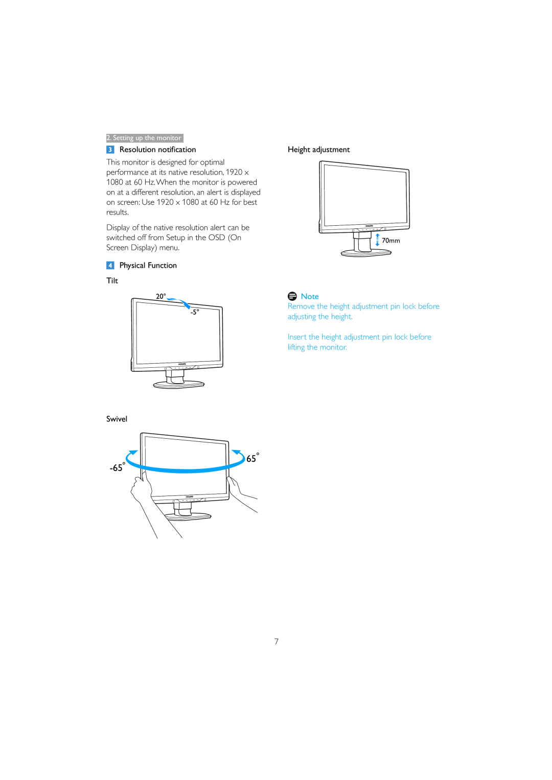 Philips 221B3 user manual Remove the height adjustment pin lock before adjusting the height, Resolution notification 
